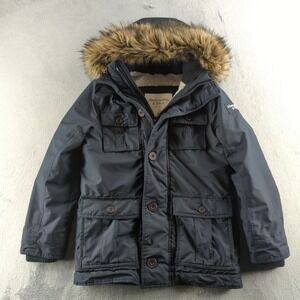 Abercrombie & Fitch Field Jacket Mens M Blue Sherpa Lined Faux Fur Hood Coat